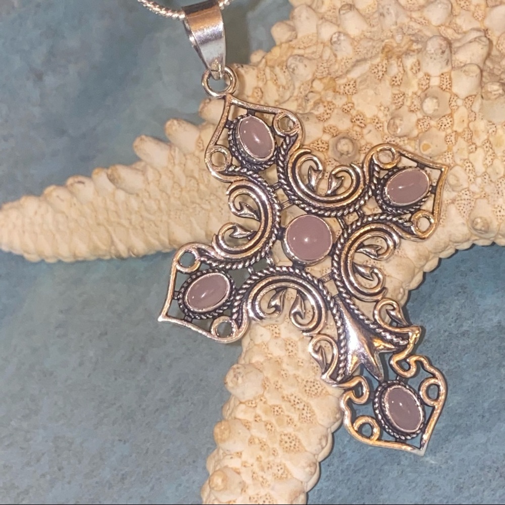 Pink Chalcedony Cross Handcrafted 925 pendant